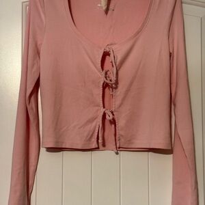 Aerie Pink Tie-Front Long Sleeve Blouse